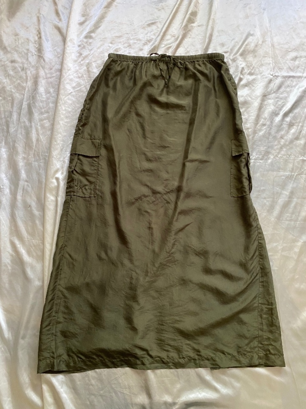 Vintage 1990s 100% Silk Chiffon Army Green Cargo Maxi Skirt Large